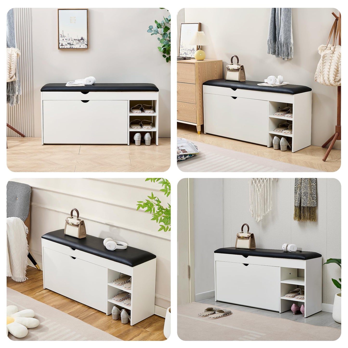 Premium Homeiz 3-Tier Shoe Storage Bench: 110 CM Wide Wooden Shoe Rack with Pull Down Drawer, Entryway Shoe Bench, Shoe Storage Rack with Faux Leather Seat,