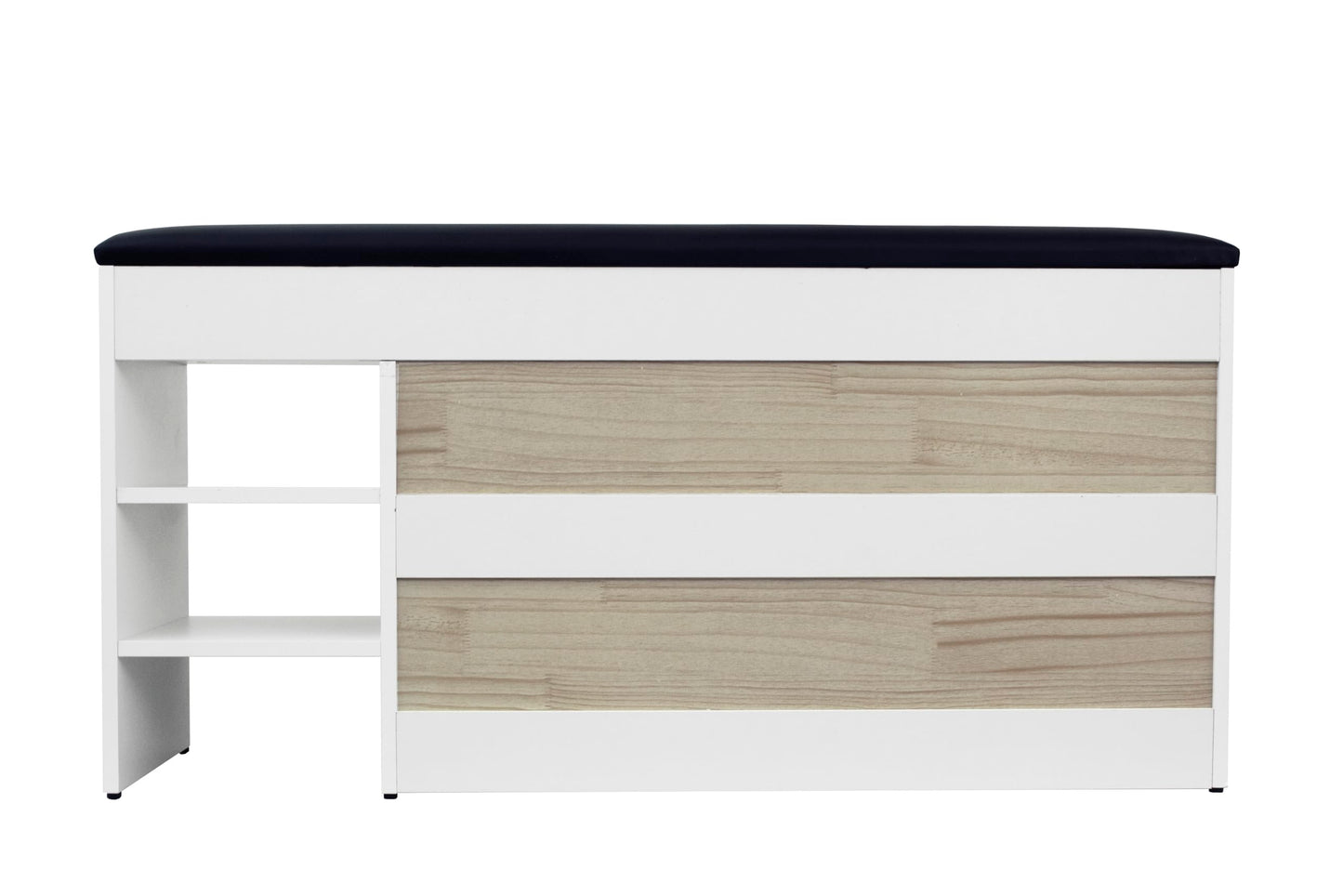 Premium Homeiz 3-Tier Shoe Storage Bench: 110 CM Wide Wooden Shoe Rack with Pull Down Drawer, Entryway Shoe Bench, Shoe Storage Rack with Faux Leather Seat,