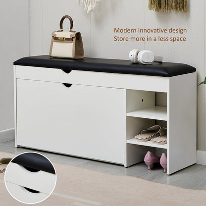 Premium Homeiz 3-Tier Shoe Storage Bench: 110 CM Wide Wooden Shoe Rack with Pull Down Drawer, Entryway Shoe Bench, Shoe Storage Rack with Faux Leather Seat,