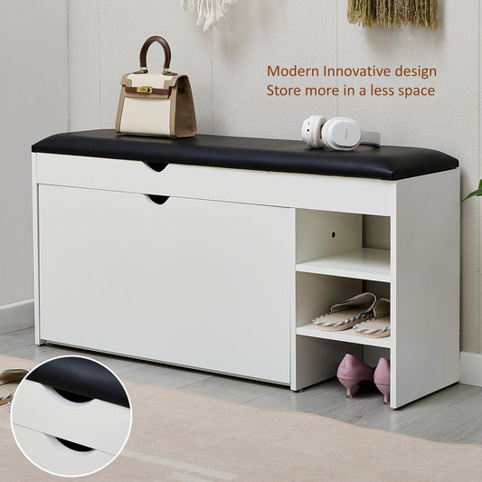 Premium Homeiz 3-Tier Shoe Storage Bench: 110 CM Wide Wooden Shoe Rack with Pull Down Drawer, Entryway Shoe Bench, Shoe Storage Rack with Faux Leather Seat,