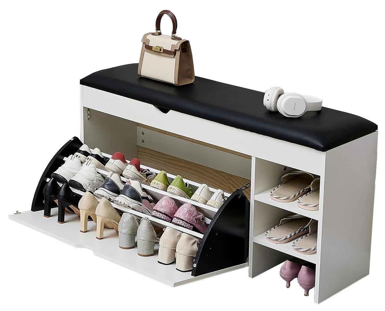 Premium Homeiz 3-Tier Shoe Storage Bench: 110 CM Wide Wooden Shoe Rack with Pull Down Drawer, Entryway Shoe Bench, Shoe Storage Rack with Faux Leather Seat,