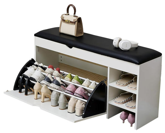 Premium Homeiz 3-Tier Shoe Storage Bench: 110 CM Wide Wooden Shoe Rack with Pull Down Drawer, Entryway Shoe Bench, Shoe Storage Rack with Faux Leather Seat,