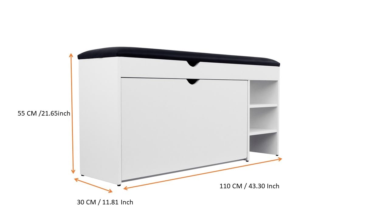 Premium Homeiz 3-Tier Shoe Storage Bench: 110 CM Wide Wooden Shoe Rack with Pull Down Drawer, Entryway Shoe Bench, Shoe Storage Rack with Faux Leather Seat,