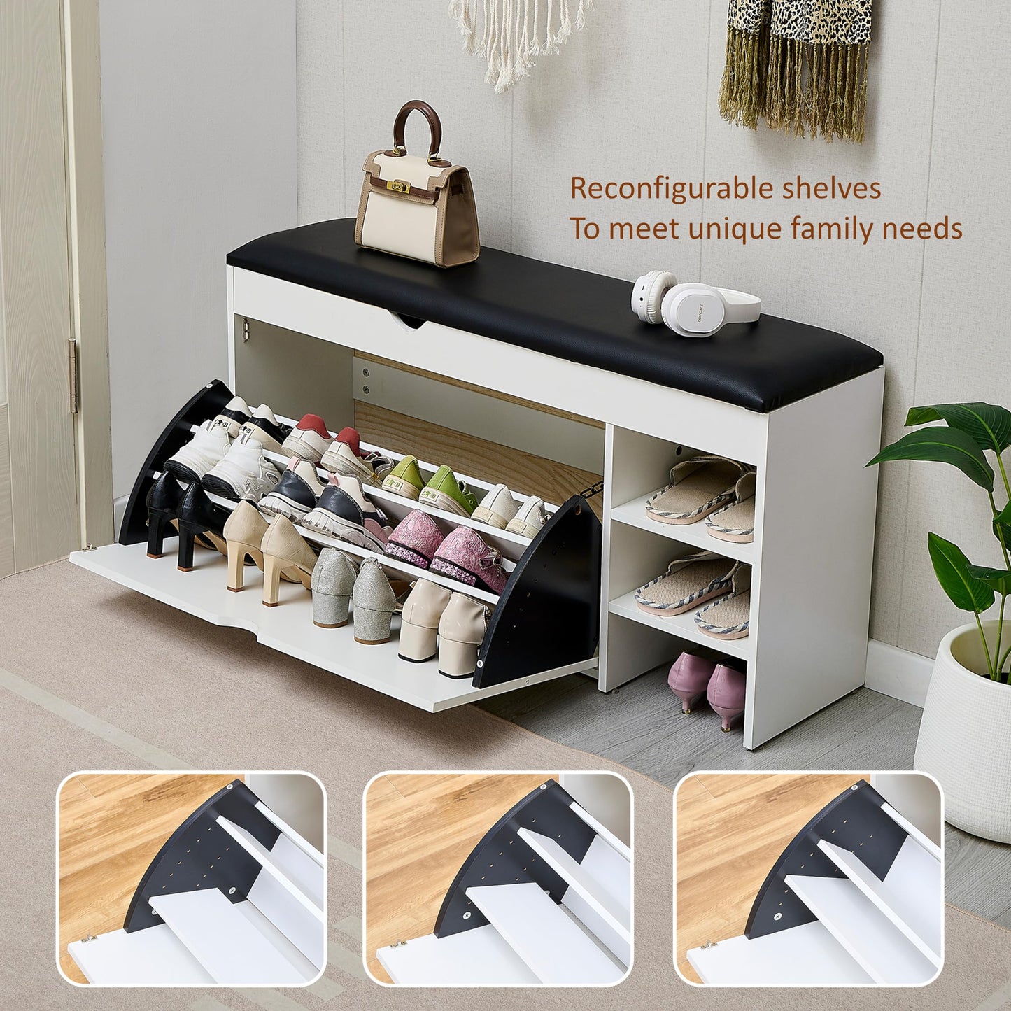 Premium Homeiz 3-Tier Shoe Storage Bench: 110 CM Wide Wooden Shoe Rack with Pull Down Drawer, Entryway Shoe Bench, Shoe Storage Rack with Faux Leather Seat,