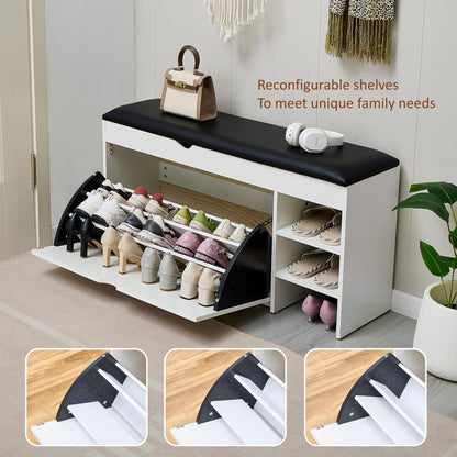 Premium Homeiz 3-Tier Shoe Storage Bench: 110 CM Wide Wooden Shoe Rack with Pull Down Drawer, Entryway Shoe Bench, Shoe Storage Rack with Faux Leather Seat,
